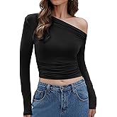 Scacto Women's Casual Long Sleeve Boat Neck Off Shoulder Slim Fit Crop Top Going Out Y2K Shirts