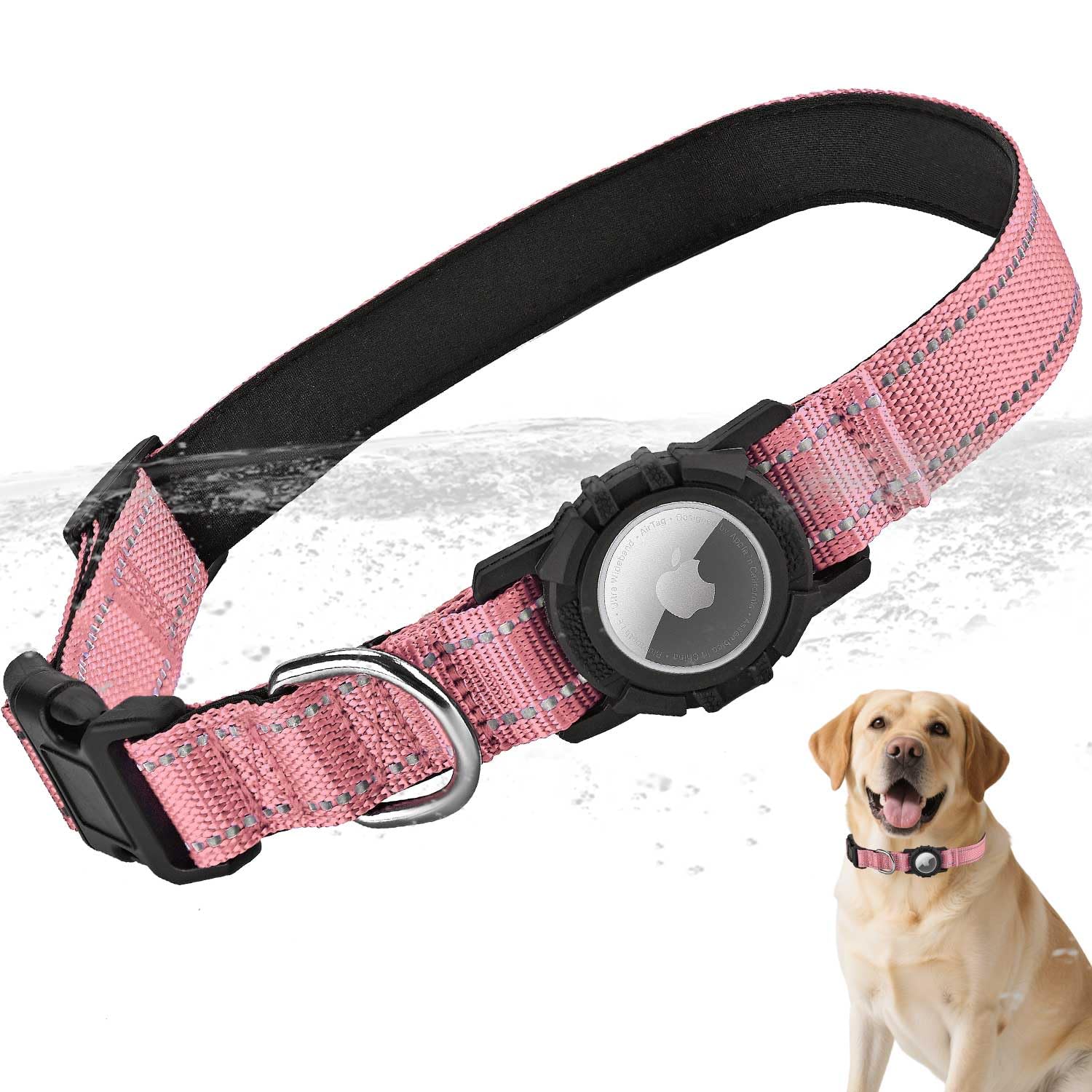 Photo 1 of LZXLXS Airtag Dog Collar with Waterproof Air Tag Holder, Integrated Reflective Pet Collar with Soft Padding, Adjustable Nylon Collar for Small Medium Large Dogs, Pink,L (16.1"-23.6")