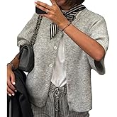 RUEWEY Women's Knitted Button Down Cardigan Short Sleeve Crew Neck Relaxed Sweater Going Out Knit Tops