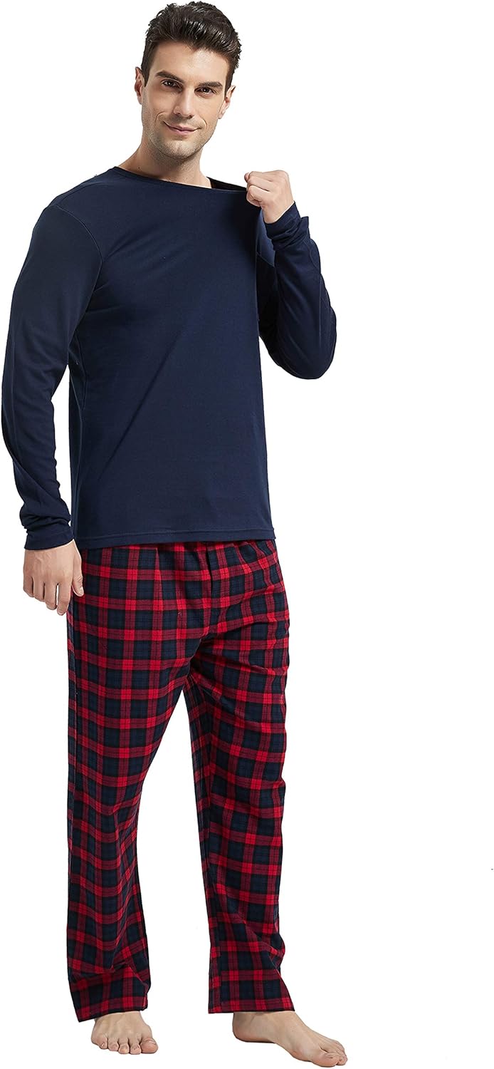 Amaxer Men's 100% Cotton Pajama Set Plaid Pants Crewneck Top Long Sleeve Pjs Soft Warm Lounge Set 2 Pcs Great Gift at  Men’s Clothing store