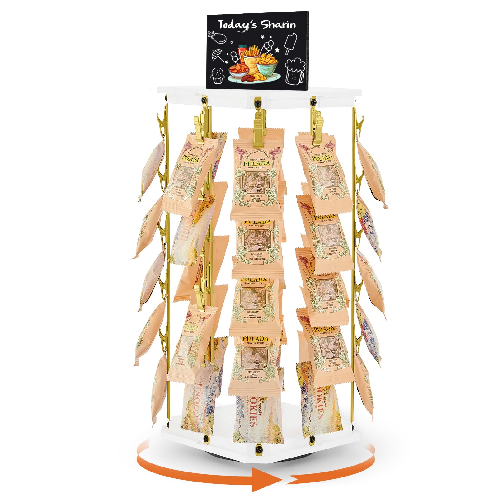 Photo 1 of Pinzoveco Chip Rack Display Stand, 5 Tiers 40 Clips Snack Organizer for Office Desk, 360° Rotating Wooden Base Chip Holder Candy Display for Concession Stand, Countertop, Party, With Message Board