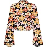 Jndtueit Hippy Floral Women's Mesh Top Mock Neck Flounce Long Sleeve Crop Tee Top Lettuce Trim Bell Sleeve Top Sheer Tops