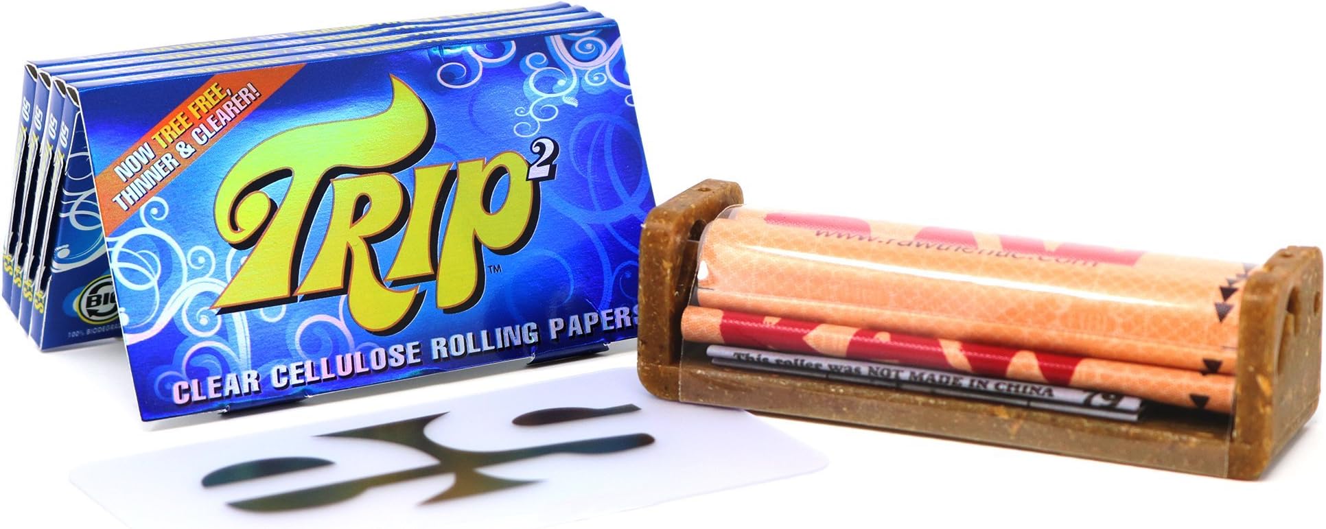 Trip2 Clear 1 1/4 Rolling Papers (4 Pack) Bundle with RAW Eco Plastic 79mm Roller and Clear ES Scoop Card