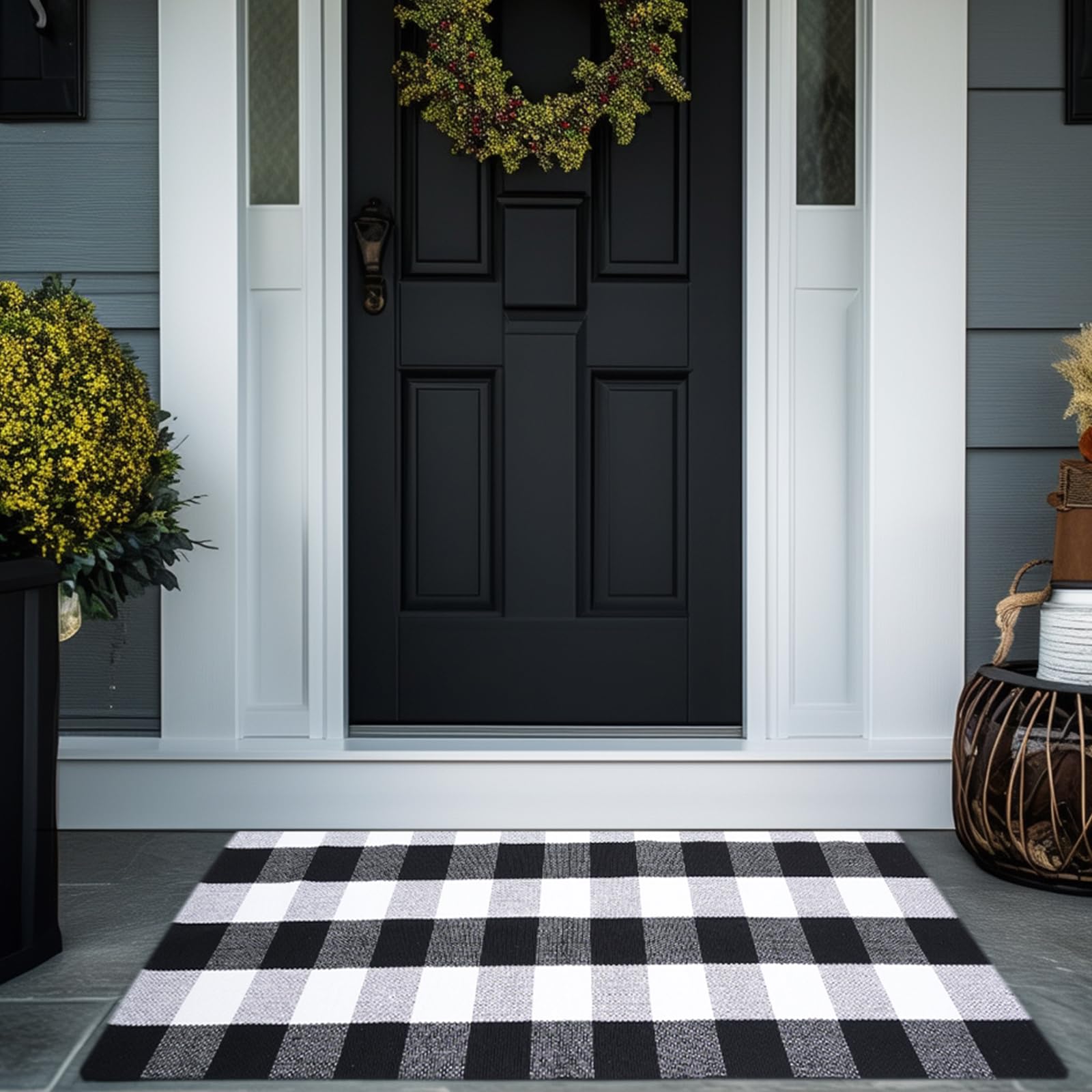 Photo 1 of PIXFAIRY Buffalo Plaid Area Rug - 3x5 Ft, Black and White Checkered, Washable Cotton, Ideal for Front Porch, Kitchen, Entryway, Patio, Bathroom