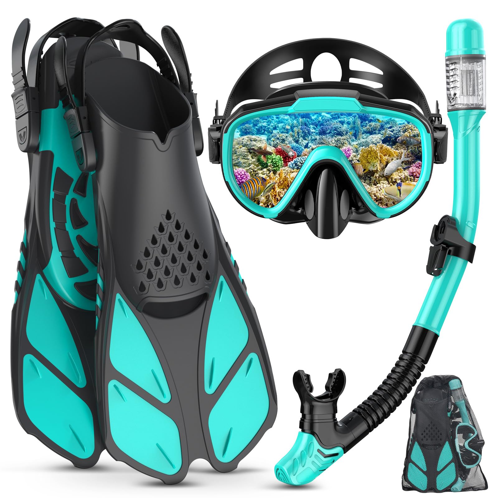 Lealinga Snorkel Set Adult with Flippers, Anti-Fog Diving Set, Dry Snorkel, Adjustable Flippers, Snorkelling Packages for Men and Women