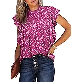 Dokotoo Womens Summer Tops Casual Crewneck Floral Print Shirts Smocked Ruffle Short Sleeve Babydoll Blouses