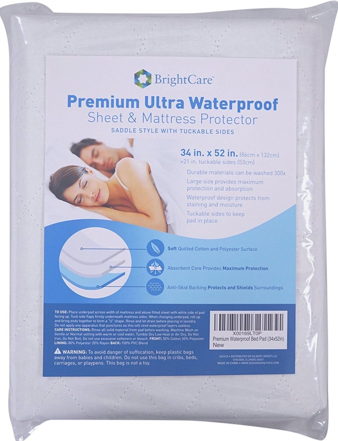 Saddle Style Absorbent Bed Pad with Tuck-in Sides (34 x 52 Inch) - Waterproof Washable 300x for Incontinence Tuckable Reusable Underpad Protection (Full, Queen) - Baby, Child, Adult - Sequoia Health: Health & Personal Care