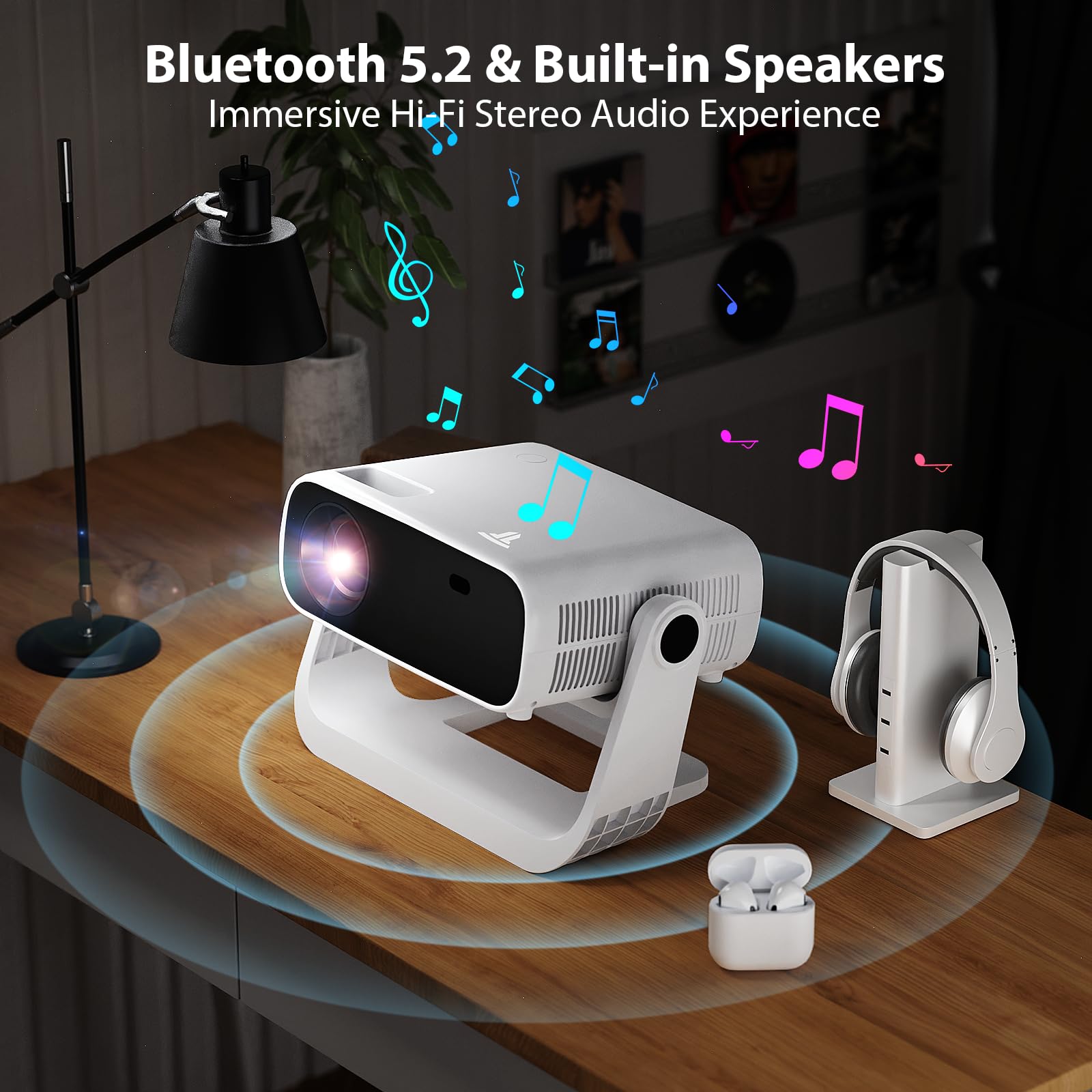 Smart Projector with WiFi 6 and Bluetooth Built-in Apps - 4K Support Portable Bedroom Mini Projector Native 1080P , 2025 New Auto Keystone & Zoom Home Theater Cinema Movie Proyector, 120° Stand