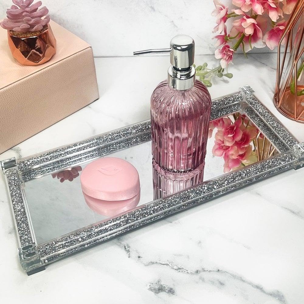 Glass Mirrored Display - Rectangular Elegant Crystal Tray with Crushed Diamonds Frame - 35 x 18 cms, Perfect for Cosmetics, Perfume, Trinkets & Home Decor