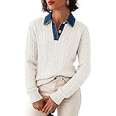 SAUKOLE Sweaters for Women Denim Lapel V Neck Buttons Closure Casual Long Sleeve Cable Knit Loose Pullover Sweater