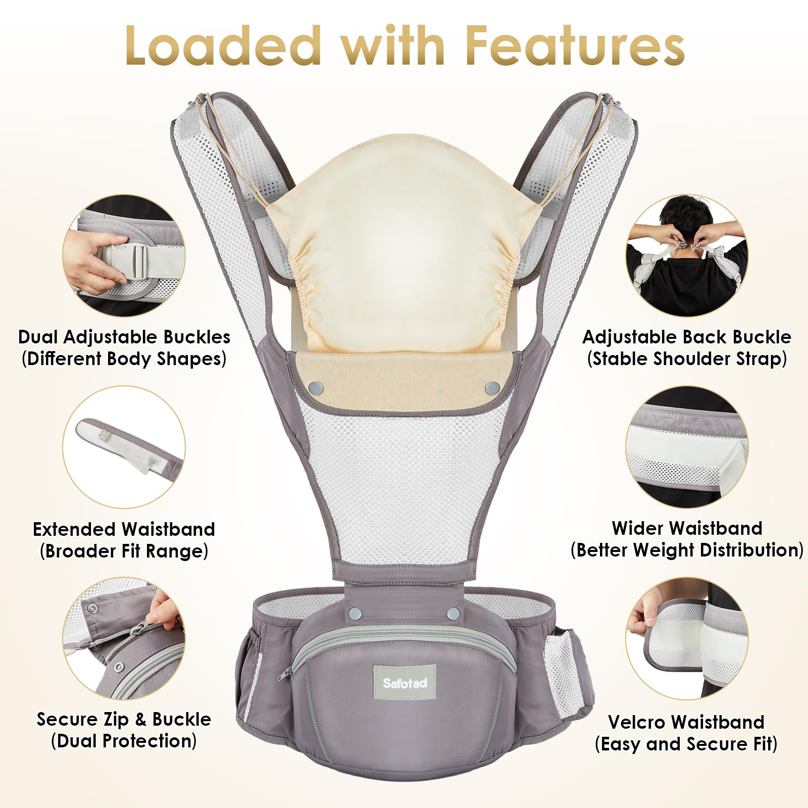 Safotad Baby Carrier Newborn to Toddler, Lightweight Ergonomic Baby Hip Seat Carrier Up to 33lbs, Adjustable Extended Waistband Infant Carrier with Breathable Sunshield, Light Grey