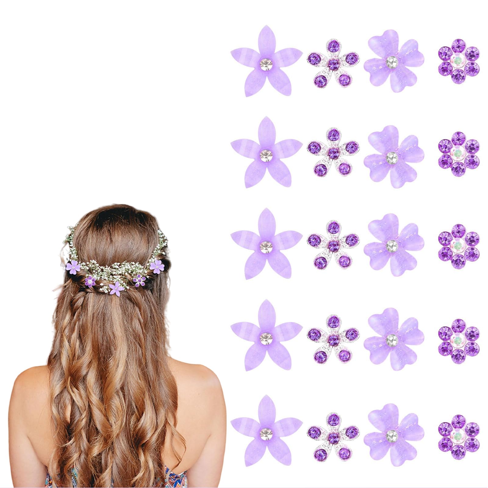 TELAIN 20pcs Mini Flower Hair Clips with Rhinestones | Purple Floral Hair Clips | Wedding & Party Hair Accessories for Women & Girls