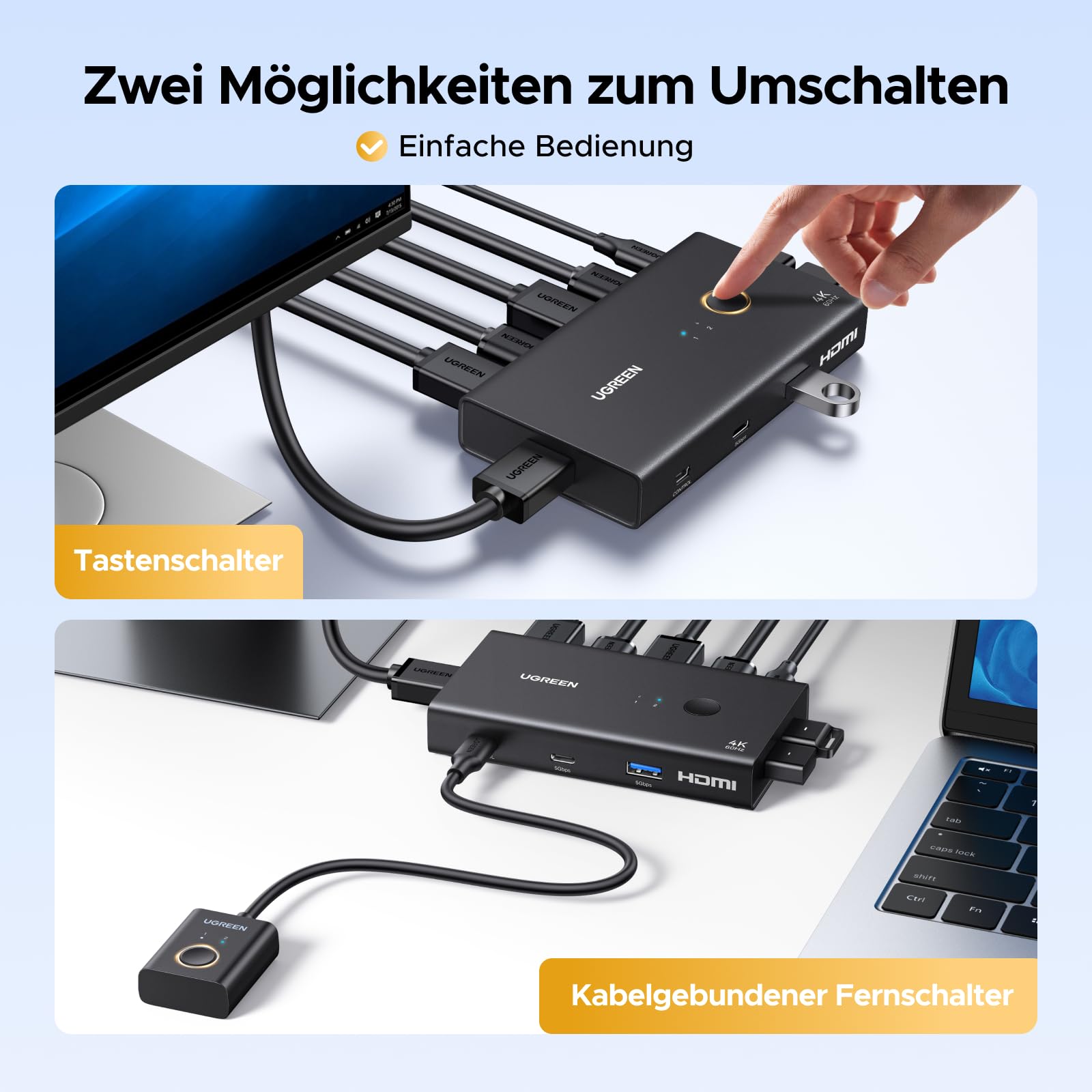 UGREEN HDMI 2.0 KVM Switch 2 PC 1 Monitor 4K@60Hz mit 4 USB 3.0 Ports(3*USB A+ USB C) Tastatur und Desktop-Controller Umschaltung Kompatibel mit Windows/Linux/MacOS 7