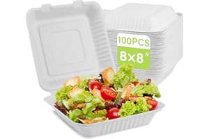 greensight Clamshell Take Out Food Containers 8X8, 100 Pack To Go Containers Disposable, Compostable To Go Boxes Heavy Duty, Biodegradable Made From White Sugarcane Fibers