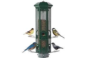 HENZAVK Squirrel Proof Bird Feeders with Removable Base, Metal Wild Bird Feeder for Outdoors Hanging, 6 Weight-Activated Ports Perches, 3LB Seed Capacity(Green)