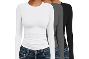 Ekouaer 3 Pack Women Long Sleeve Crew Neck Shirts Basic Thermal Tops Slim Fit Ruch Side Tees Going Out Layering Tees XS-XXL