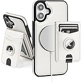 SkyEagle Compatible with MagSafe iPhone 17 Case Wallet with AirTag Holder,2 in 1 PU Leather Magnetic Detachable RFID Blocking Credit Card Holder Flip Cover Kickstand for Men Women,White