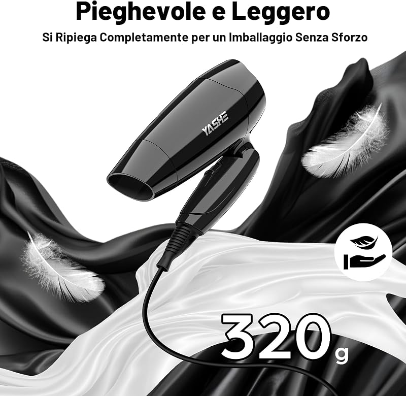 Asciugacapelli Mini Pieghevole, Phon Capelli Compatto 1200W con 2 Impostazioni di Calore e Velocità, Beccuccio di Precisione, Cavo da 1,8 m, Leggero per Viaggi, Casa, Hotel o Dormitorio, Nero