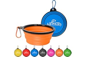 KIRRYKIKY Collapsible Dog Bowls, 2 Pack 11oz Portable Travel Dog Bowls, Foldable Water Bowl for Dogs Cats, Pet Feeding Watering Dish with Carabiner, Food Grade Silicone BPA Free(Blue+Orange, Small)