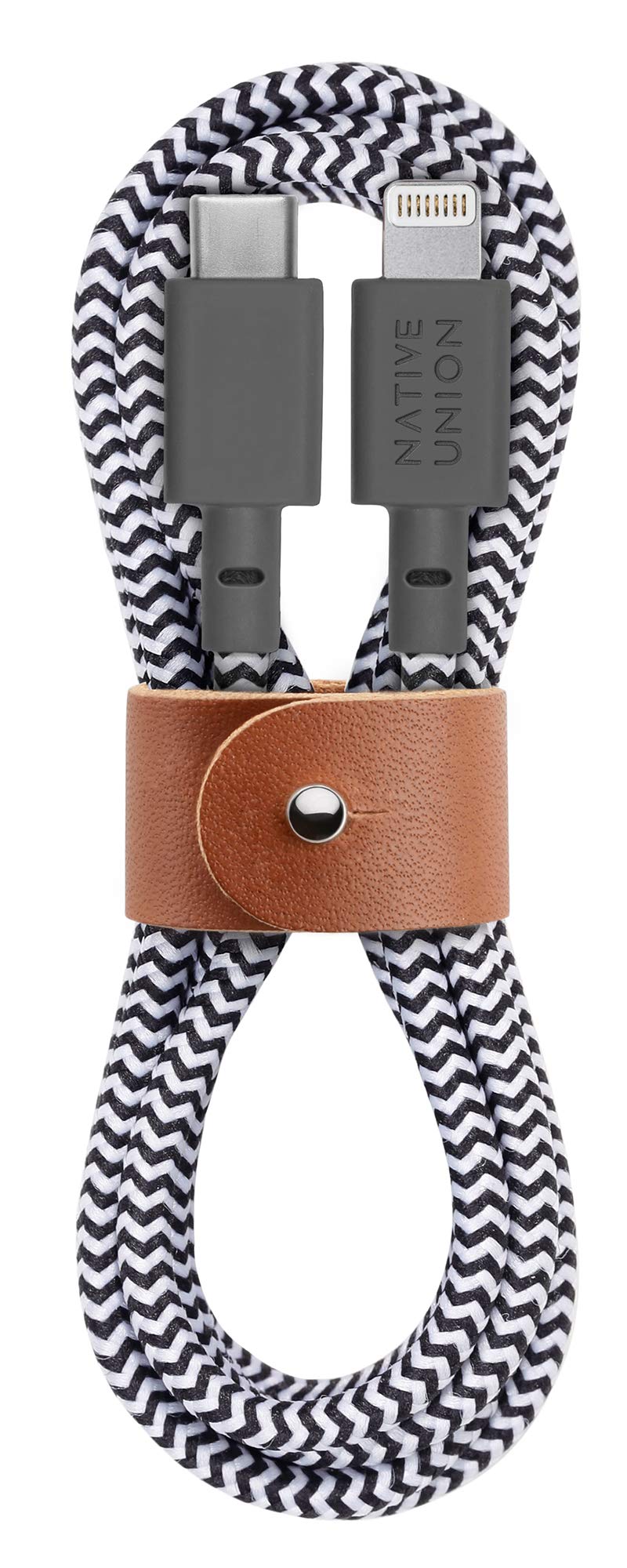 Native Union Belt Cable USB-C to Lightning - 1.2m(4ft) Ultra-Strong Reinforced Charging Cable with Leather Strap [MFi Certified] Compatible with iPhone 14, iPhone 13 and earlier (Zebra)