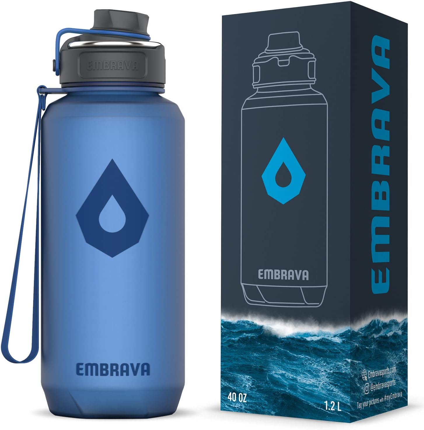 Embrava 40oz Water Bottle - Large with Travel Carry Ring - Wide Leak Proof Drink Spout | Heavy-Duty, BPA & BPS Free Tritan Plastic | Sports, Camping, Gym, Fitness, Outdoor