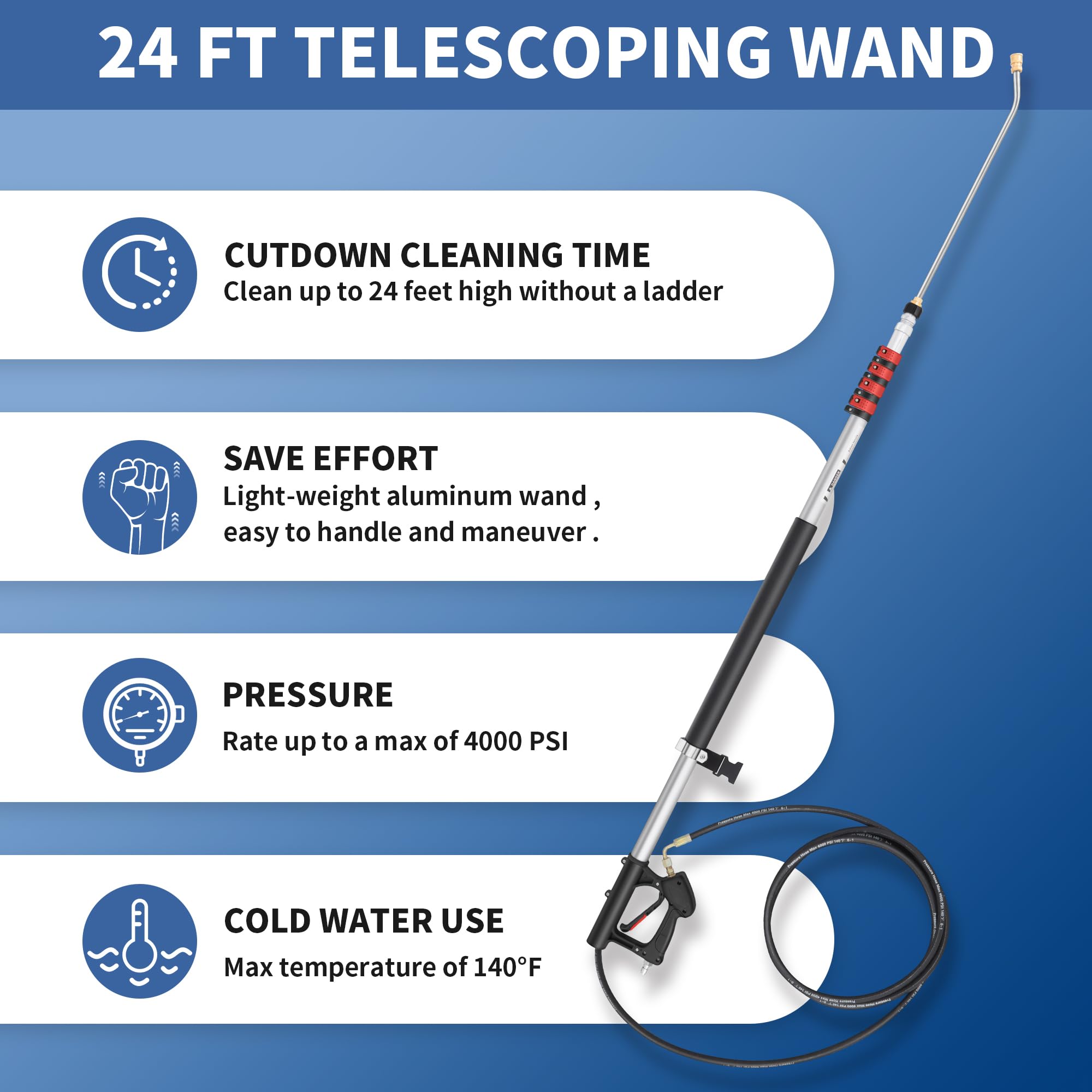 24 FT Pressure Washer Telescoping Wand - High Pressure Washer Wand Included Power Washer Extension Wands, Gutter Cleaner, 7 Spray Nozzle Tips, 2 Hose Adapters and Support Belt