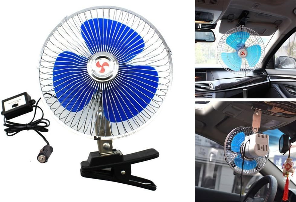 Happykueen 12V 8 inch Car Oscillating Fan Automobile Car Fan Vehicle Cooling Fan With Clip and Cigarette Lighter Plug