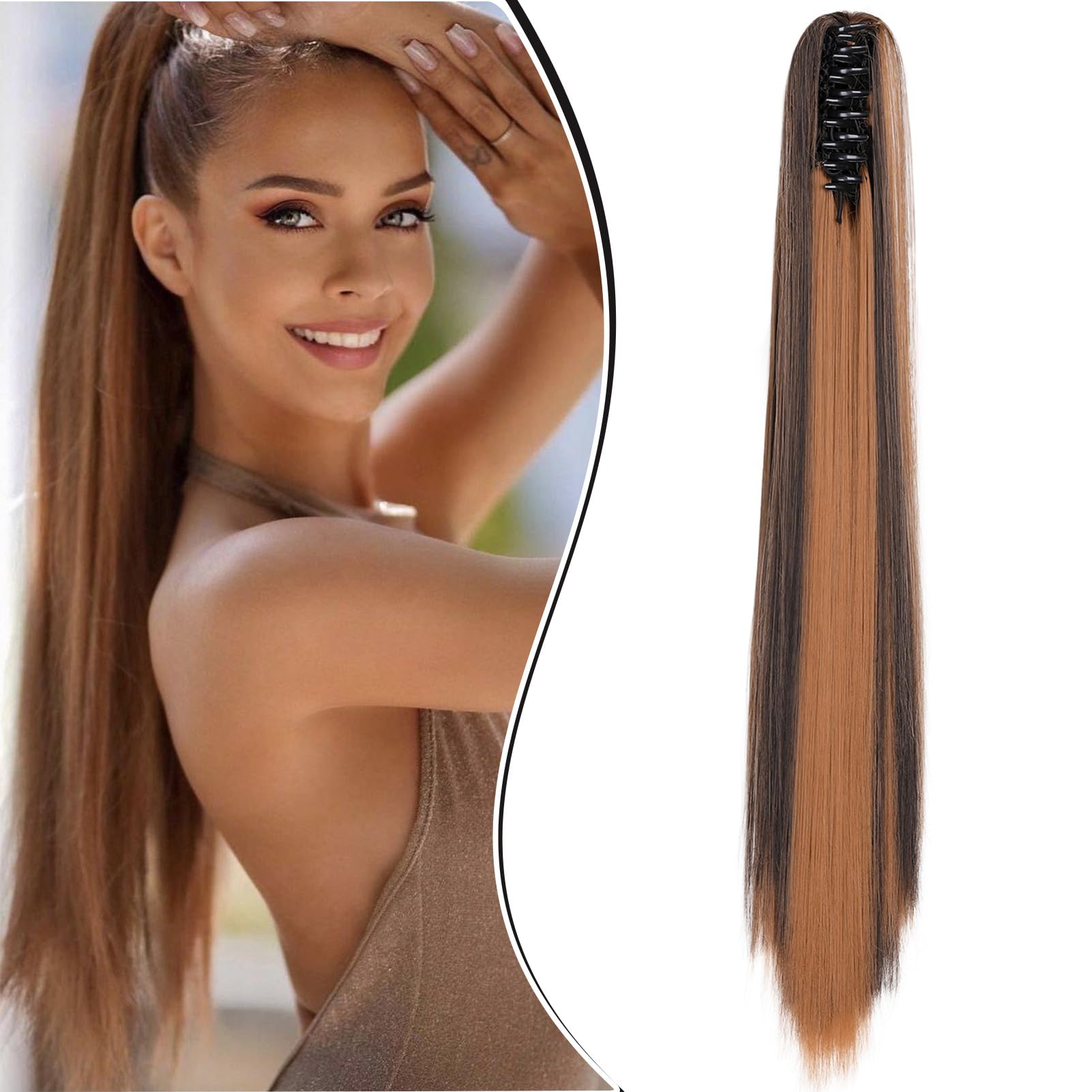Dcbaboo 22inch Claw Clip in Ponytail Hair Extensions Long Straight Ponytail Extension Synthetic Pony tails Natural Wave One Piece Hairpiece Fake Ponytail for Women, Dark Brown & Auburn — image 1