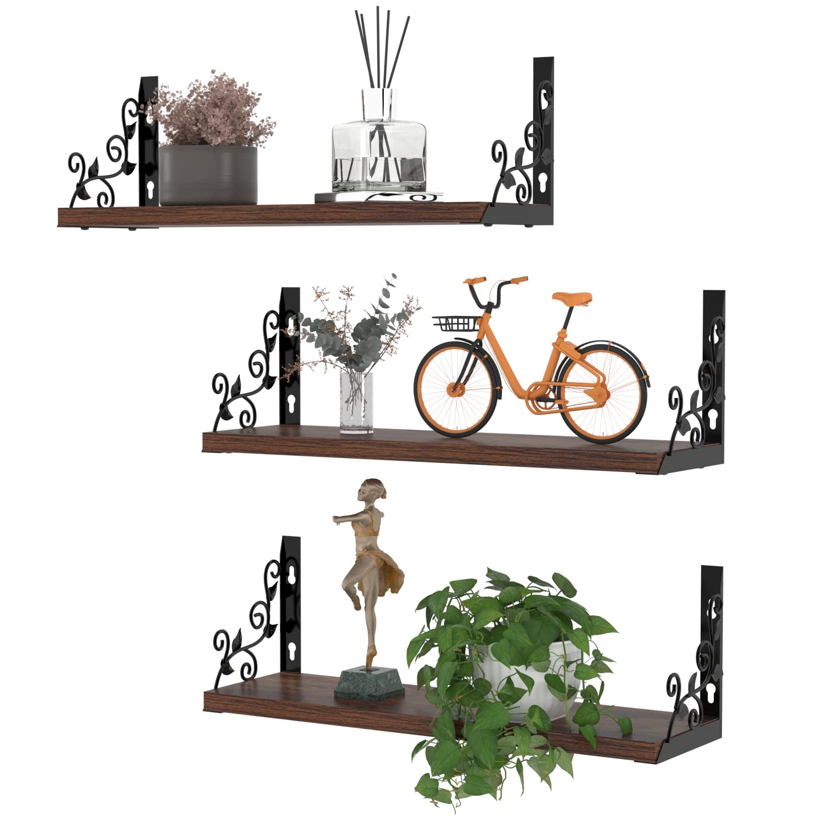 Photo 1 of Lavezee Vintage Floating Shelves Set with Metal Vine Leaf Plants Shape for Wall Decor, Black and Rustic Wooden Decorative Wall Shelf for Living Room, Bedroom, Bathroom, 3 Packs