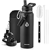RAYMYLO Insulated Water Bottle 40 oz, Triple Wall Vacuum Stainless Steel (Cold for 48 Hrs), Leak Proof & Non-BPA, Modern Water Flask Jug with Paracord Handle & Straw Spout Lids, Magic Black