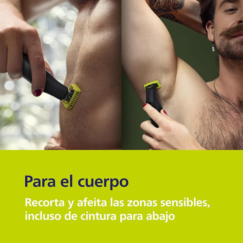 OneBlade Pro 360 Barbero, afeitadora y recortadora eléctrica facial y corporal, 2 cuchillas 360º, peine de 14 longitudes, kit corporal, soporte de carga, funda de viaje, Negro, QP6652/30