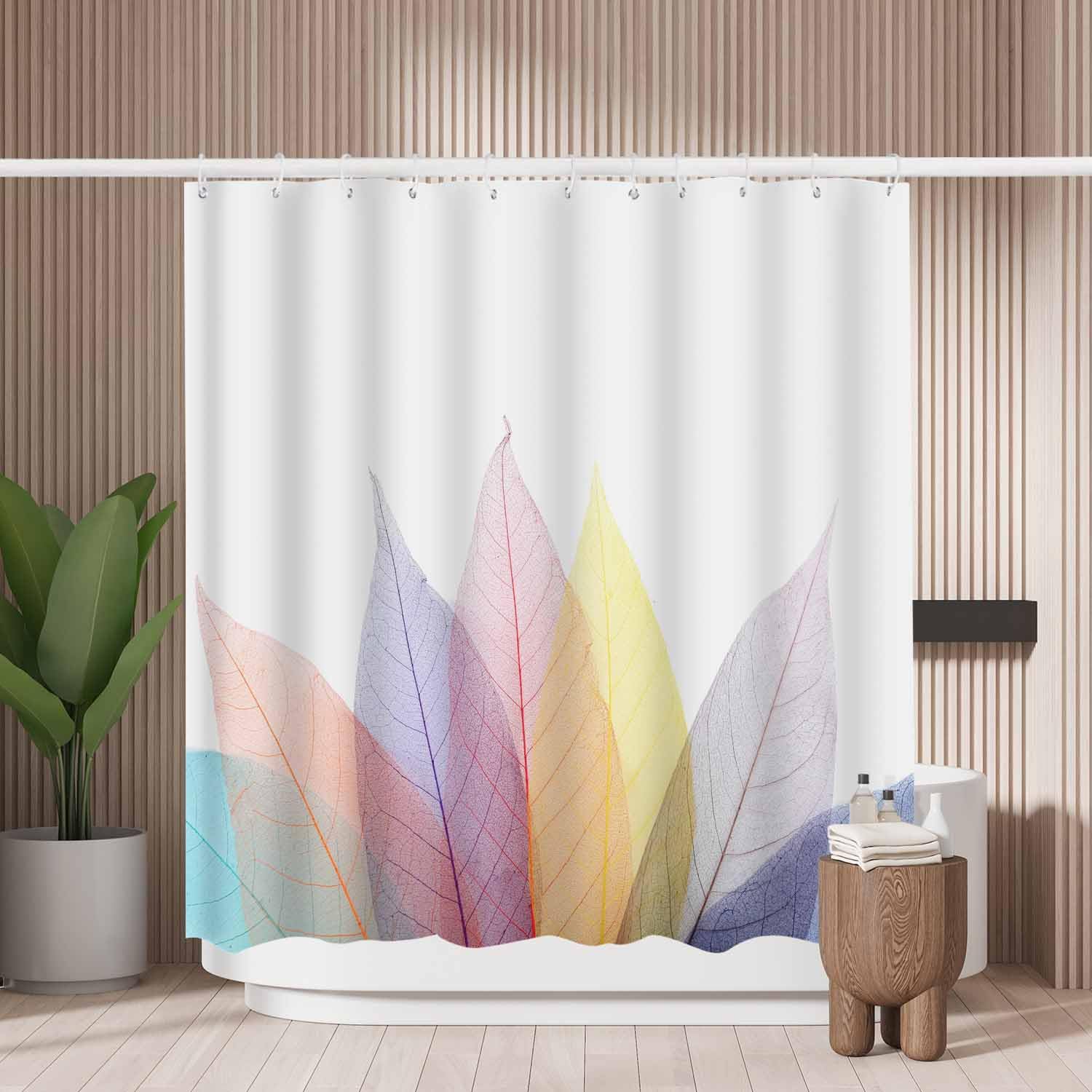 Woutay Shower Curtain Mould Proof Resistant Rainbow Leaves,Water Repellant Fabric,Polyester,with 12 Plastic Hooks