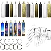 Seasonsky 18 PCS 6 Color Rectangle Pendant Tray with 18 PCS Glass Cabochons Rectangle Bezel, 10 PCS Key Ring for Jewelry Making for Making Photo, Crafting DIY Gift