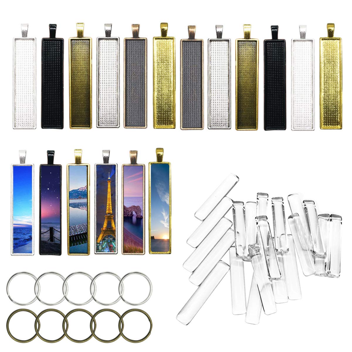 Allazone 18 PCS 6 Color Rectangle Pendant Tray with 18 PCS Glass Cabochons Rectangle Bezel, 10 PCS Key Ring for Jewelry Making for Making Photo, Crafting DIY Gif