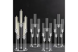 CHELOMENT 4 Sets 5 Arms Acrylic Candelabra Centerpieces for Tables,Clear Candle Holder for Wedding,Ceremony Dinner Party, 27" Tall Candlestick Holders with Lampshade,Fit LED Candle