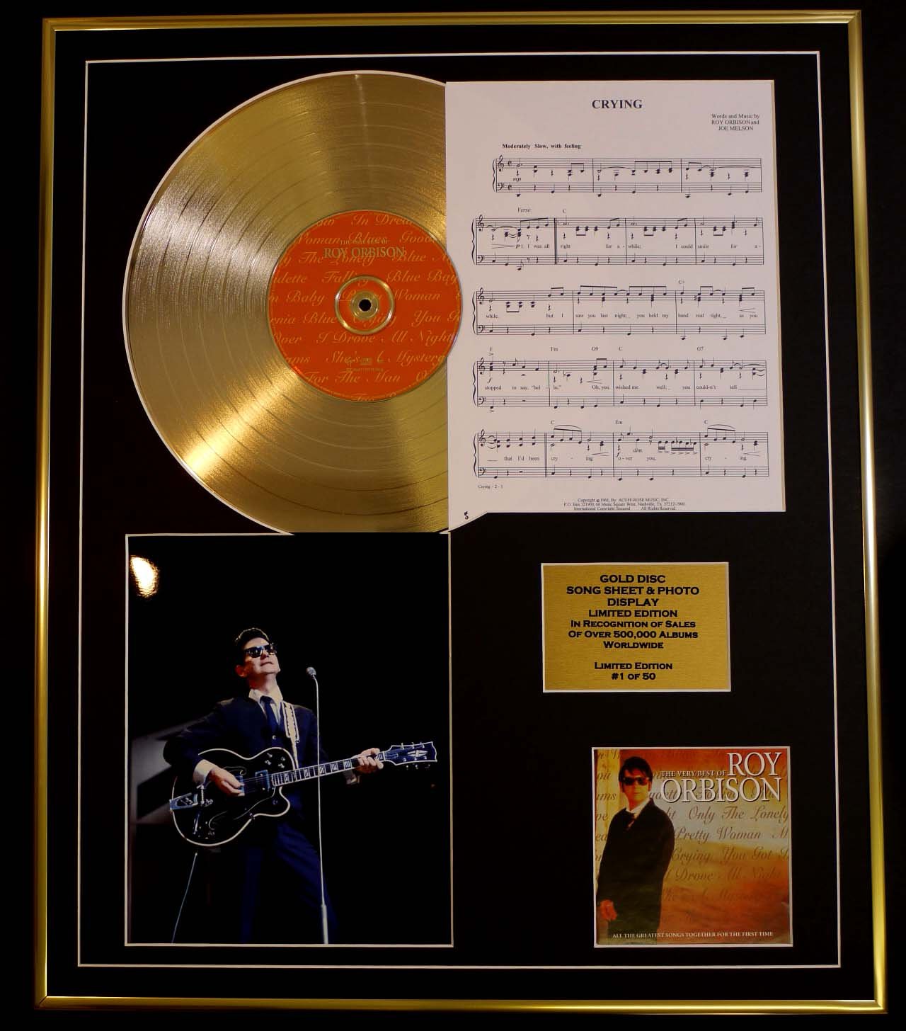 ROY ORBISON/CD GOLD DISC, SONG SHEET & PHOTO DISPLAY/LTD. EDITION/COA/ALBUM, VERY BEST OF/SONG SHEET, CRYING