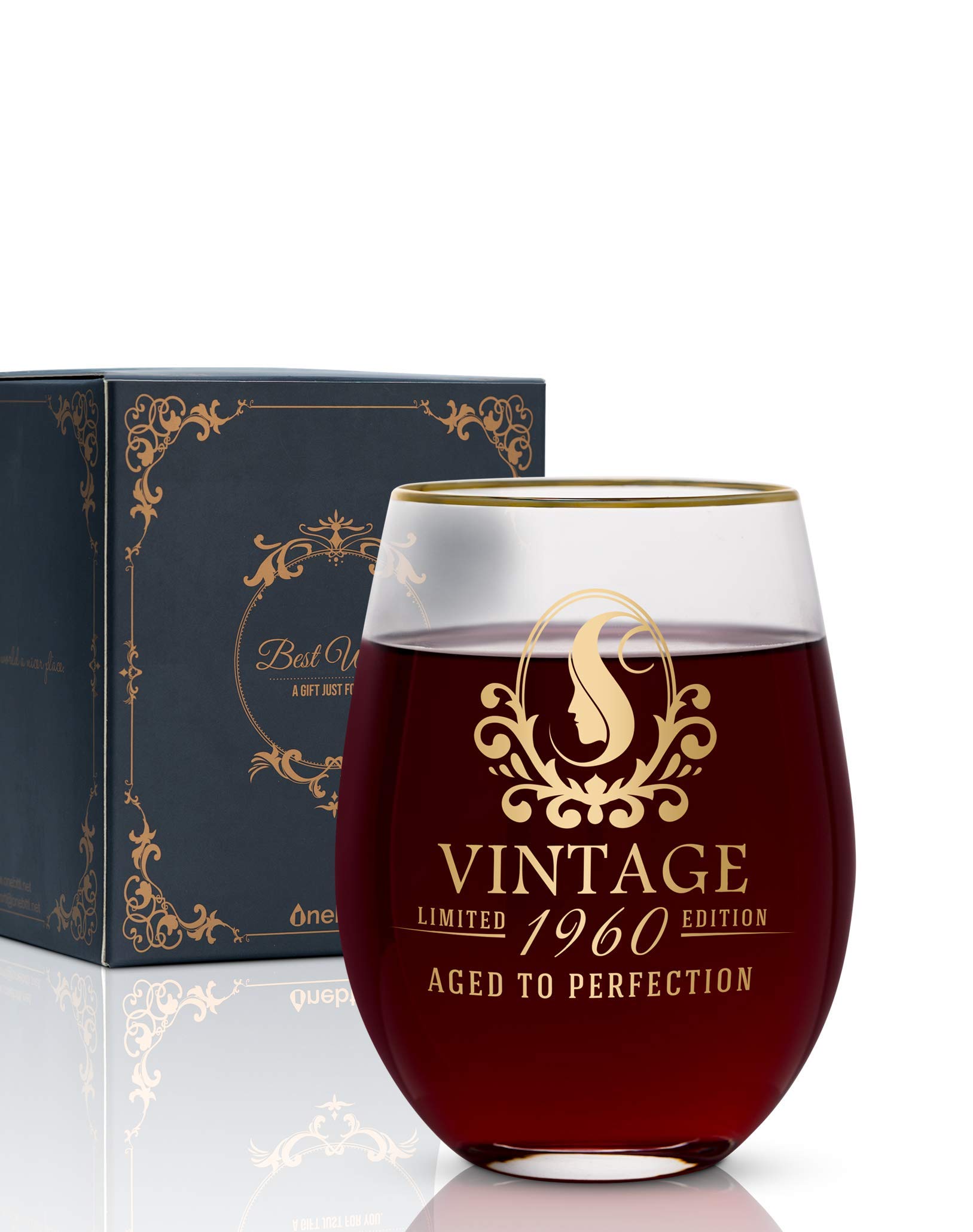 Onebttl 61th Birthday Glass for Women - 530ml Wine Glass - 1960 Birthday Decorations for Women - 61th Anniversary Ideas for Her, Mom, Wife, Grandma - Vintage 1960 Aged to Perfection