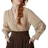 YESSA Women Renaissance Shirt,Peasant Blouse V Neck Pirate Peasant Sleeve Dressy Top,Ren Faire Costumes