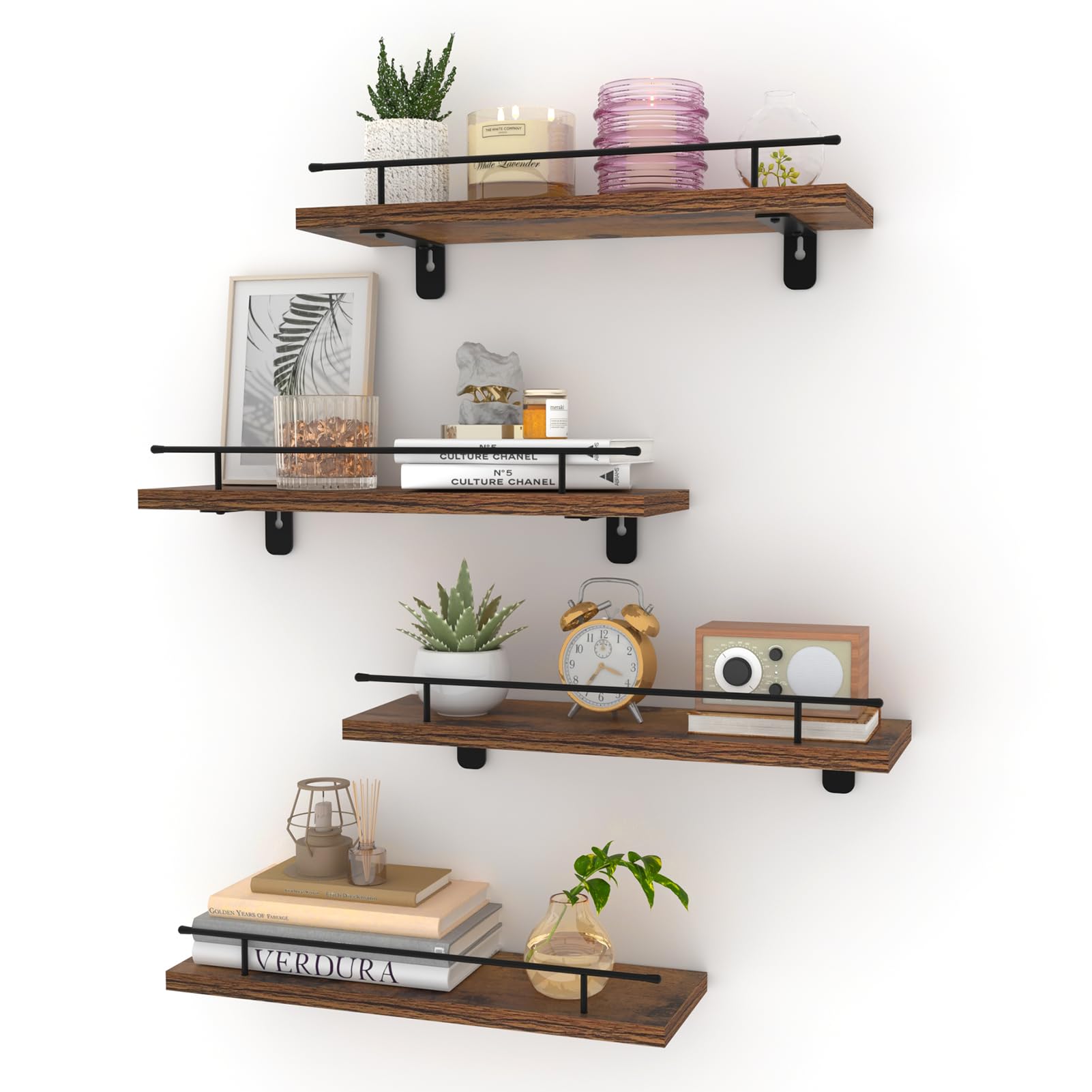 HORLIMER Set of 4 Floating Shelves for Wall, Wooden Wall Shelf with Brown Shelves and Black Metal Front Rail, Ideal for Kitchen, Bedroom, Living Room, and Bathroom