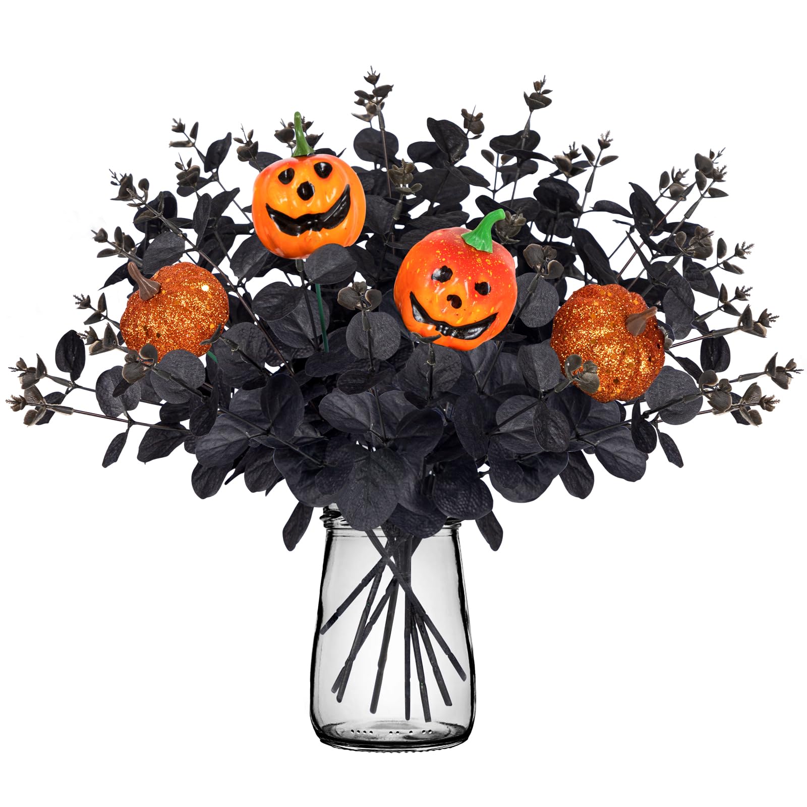 Photo 1 of 12PCS Black Halloween Pumpkin Decorations Indoor Artificial Fake Flowers: Eucalyptus Branches Stems Table Centerpieces Decor