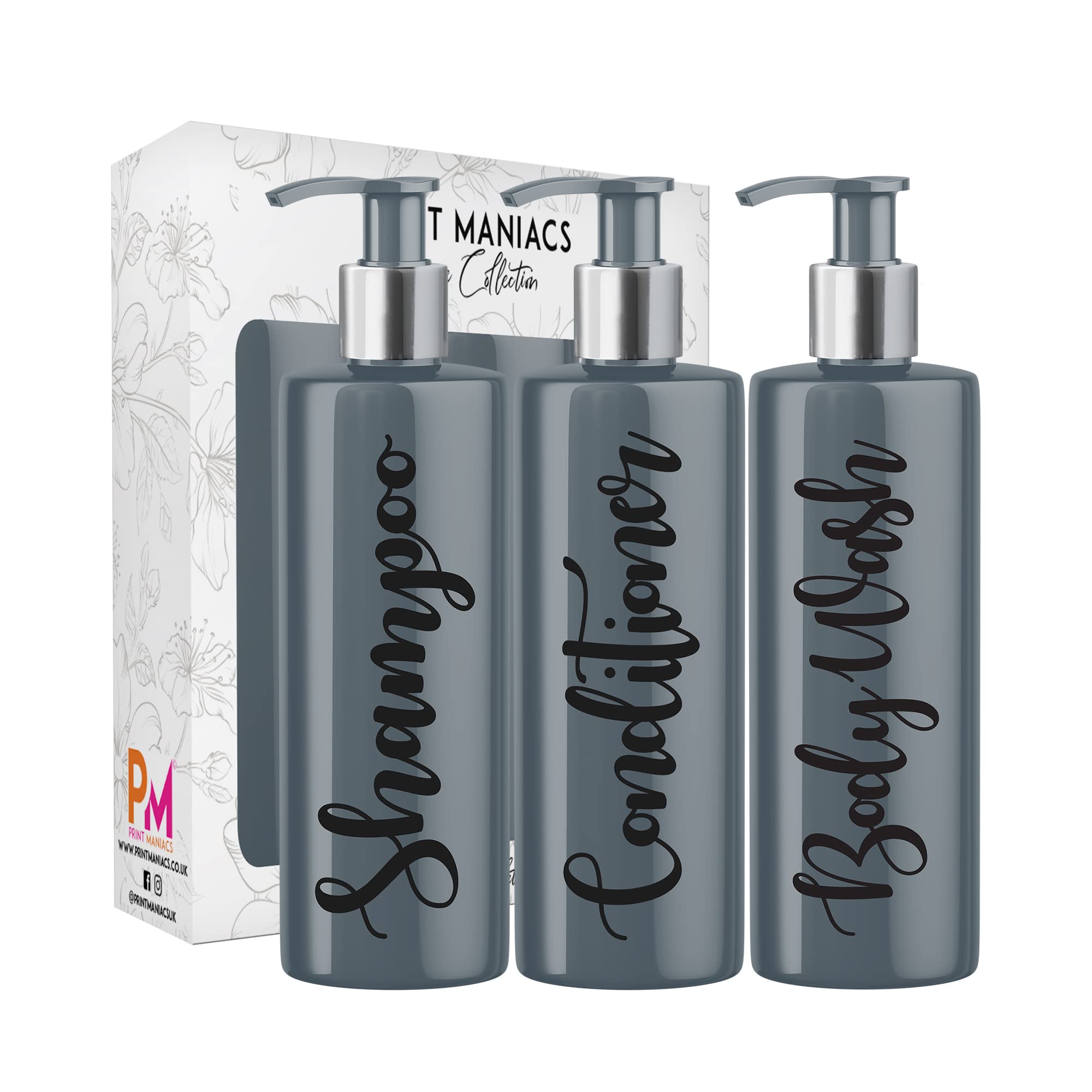 Print Maniacs 3 Set Mrs Hinch Inspired Grey Personalised 500ml Dispenser Pump Bottles Shampoo Conditioner Body Wash (Black)