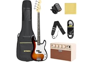 STRICH Electric Bass Guitar 4 Strings Full-Size Beginner Kit, PB-Style Standard Bass for Starter with 2 x 5w Amp, Bag, Tuner, Strap, Cable, SPB-S10 Sunburst