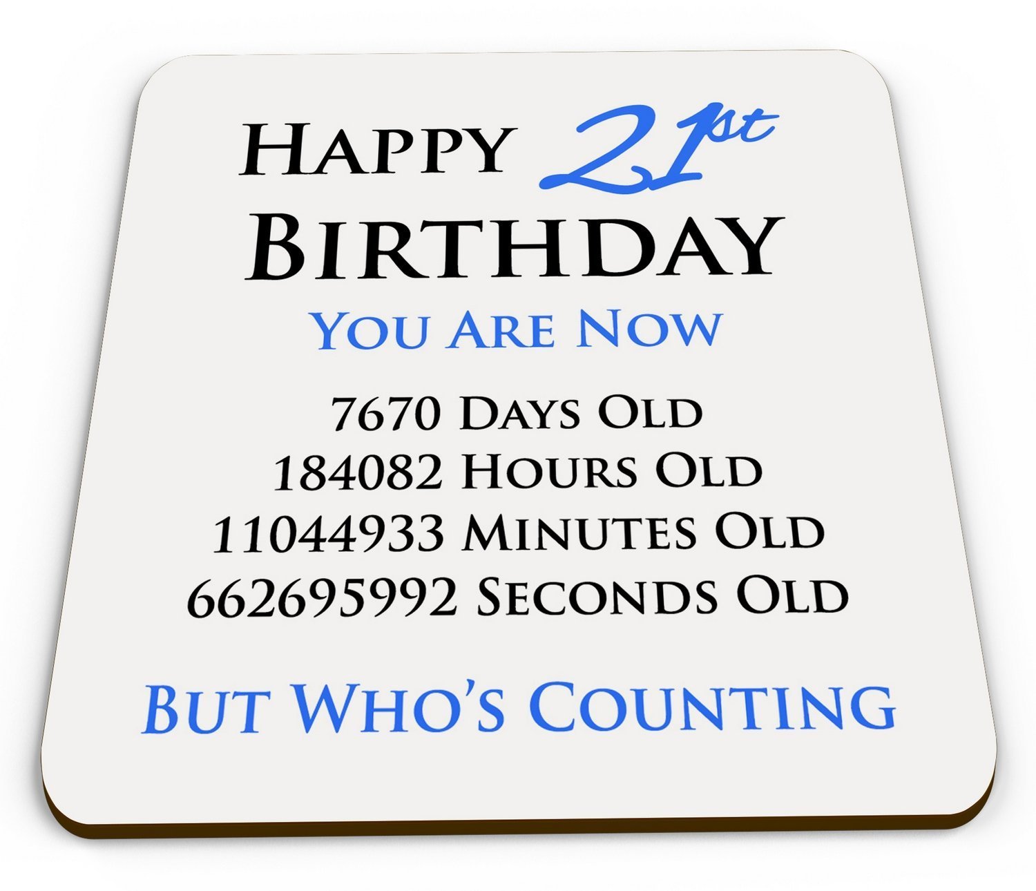 Happy 21st Birthday You are Now Days Hours Minutes Seconds Old Novelty Glossy Mug Coaster - Blue
