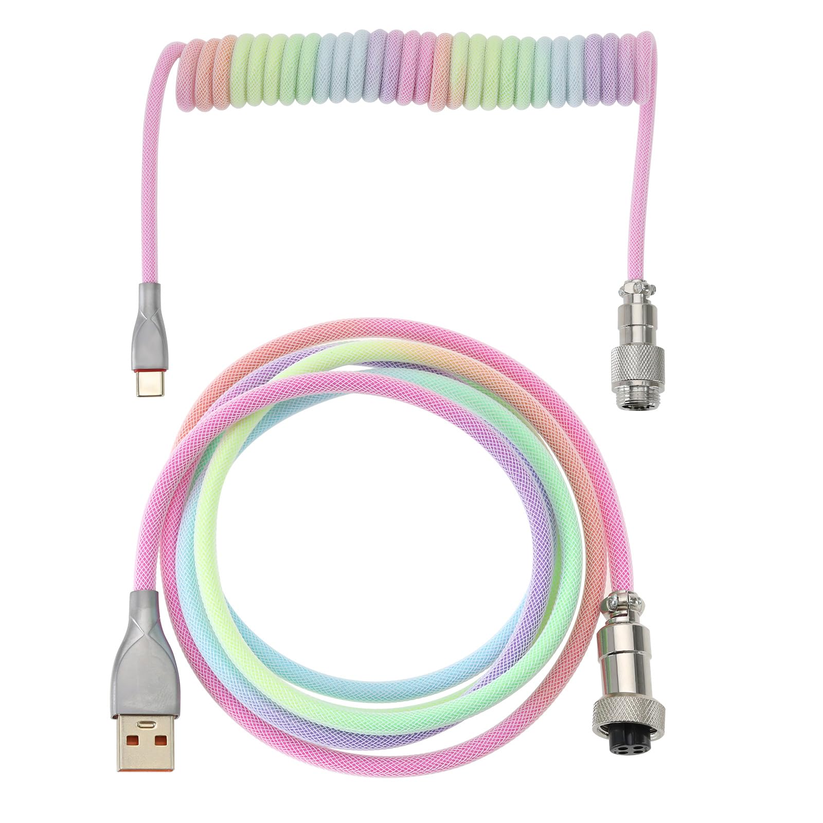 Braided Mechanical Keyboard Cable USB A- USB C Cable for Gaming Keyboard, Double-Sleeved Coiled Keyboard Cable with Detachable Metal Aviator, 150cm USB-C to USB-A (Rainbow)