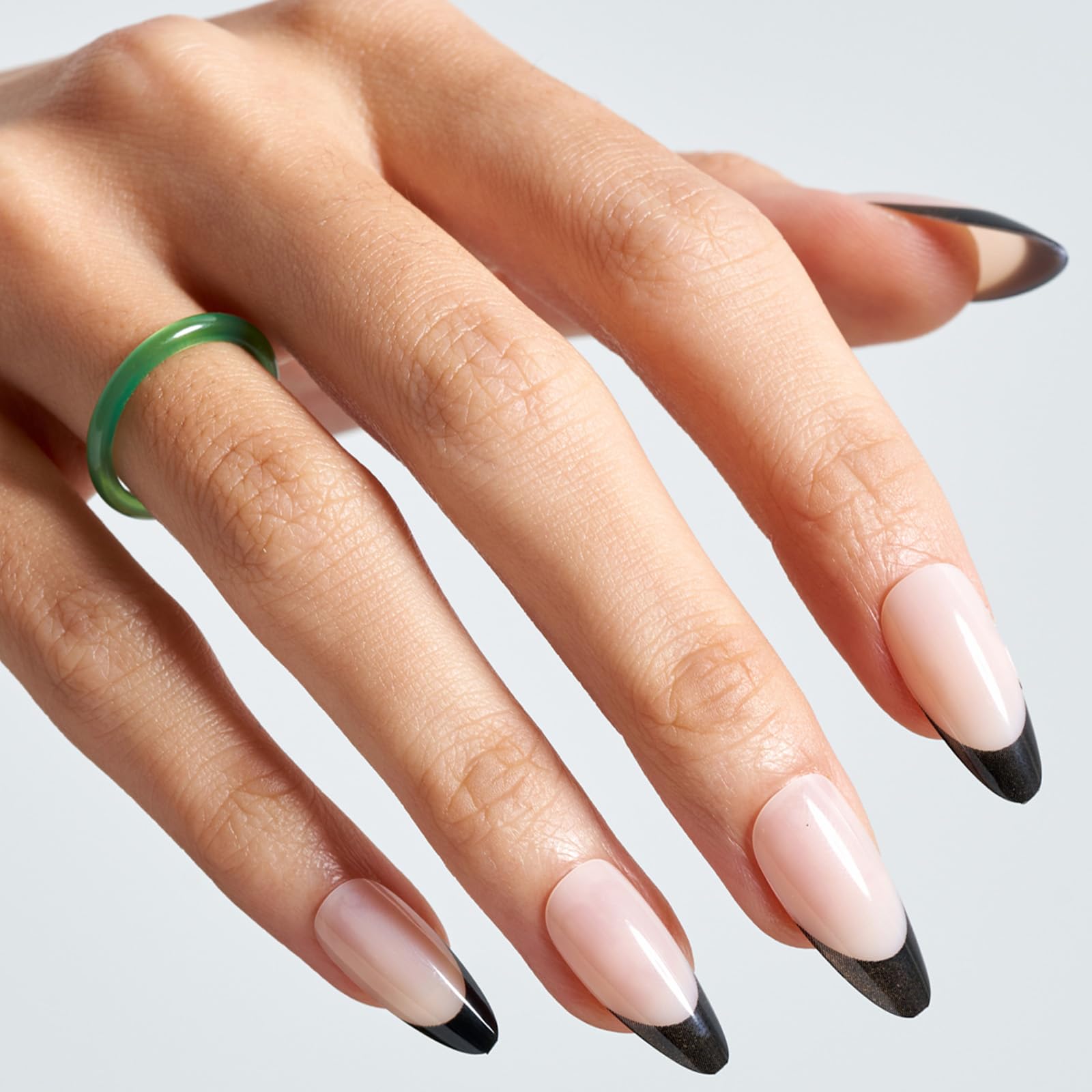 GLAMERMAID Press on Nails Medium Almond, Spring Summer Black French Tip Gel Glue on Nail, 24Pcs Glossy Short Stiletto Reusable UV Finish Fake Nails Acrylic False Nails Manicure Kits for Women - Image 2