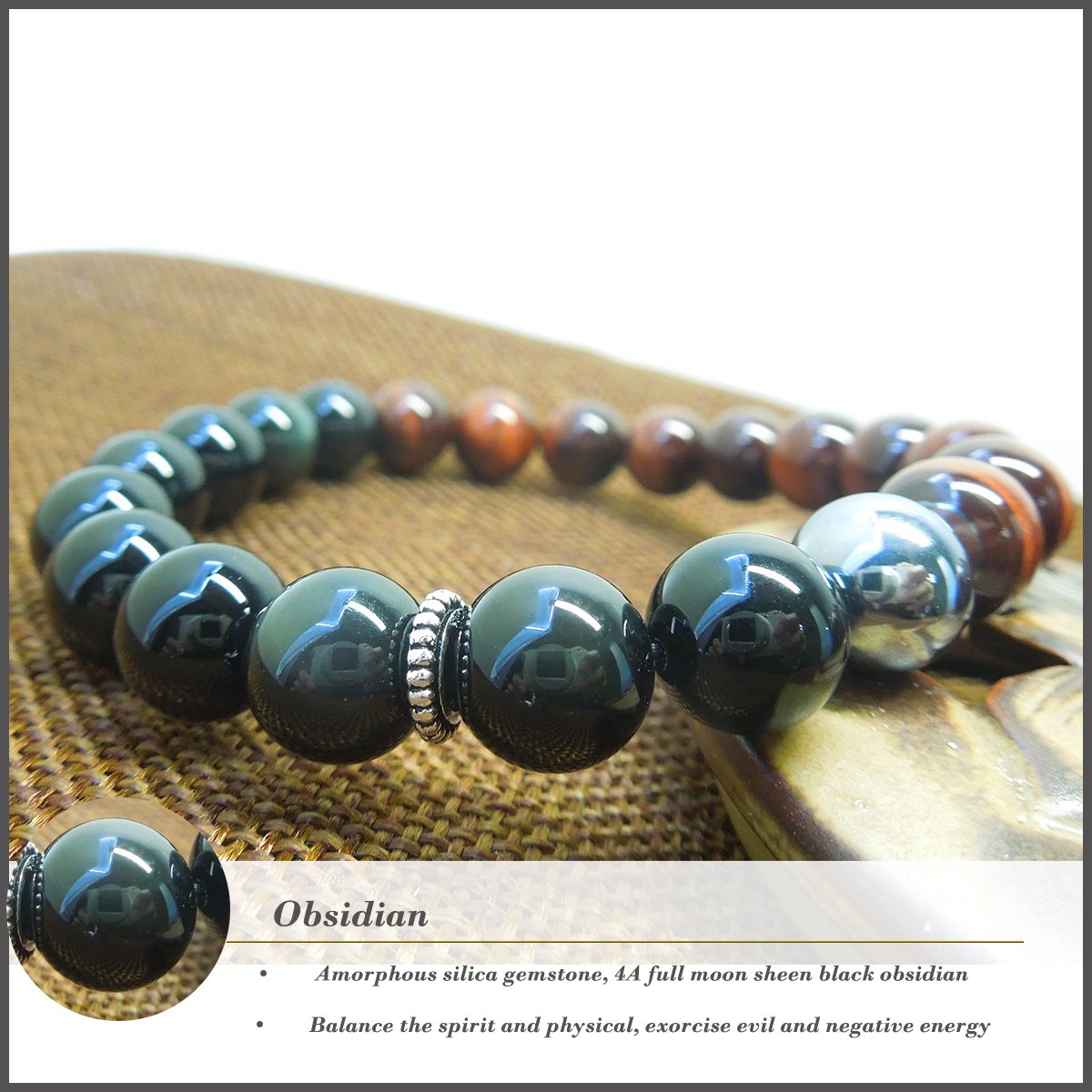COLORFEY Mens Natural Gemstone Tiger Eye Terahertz Black Obsidian Energy Stone Buddhist Prayer Bracelet