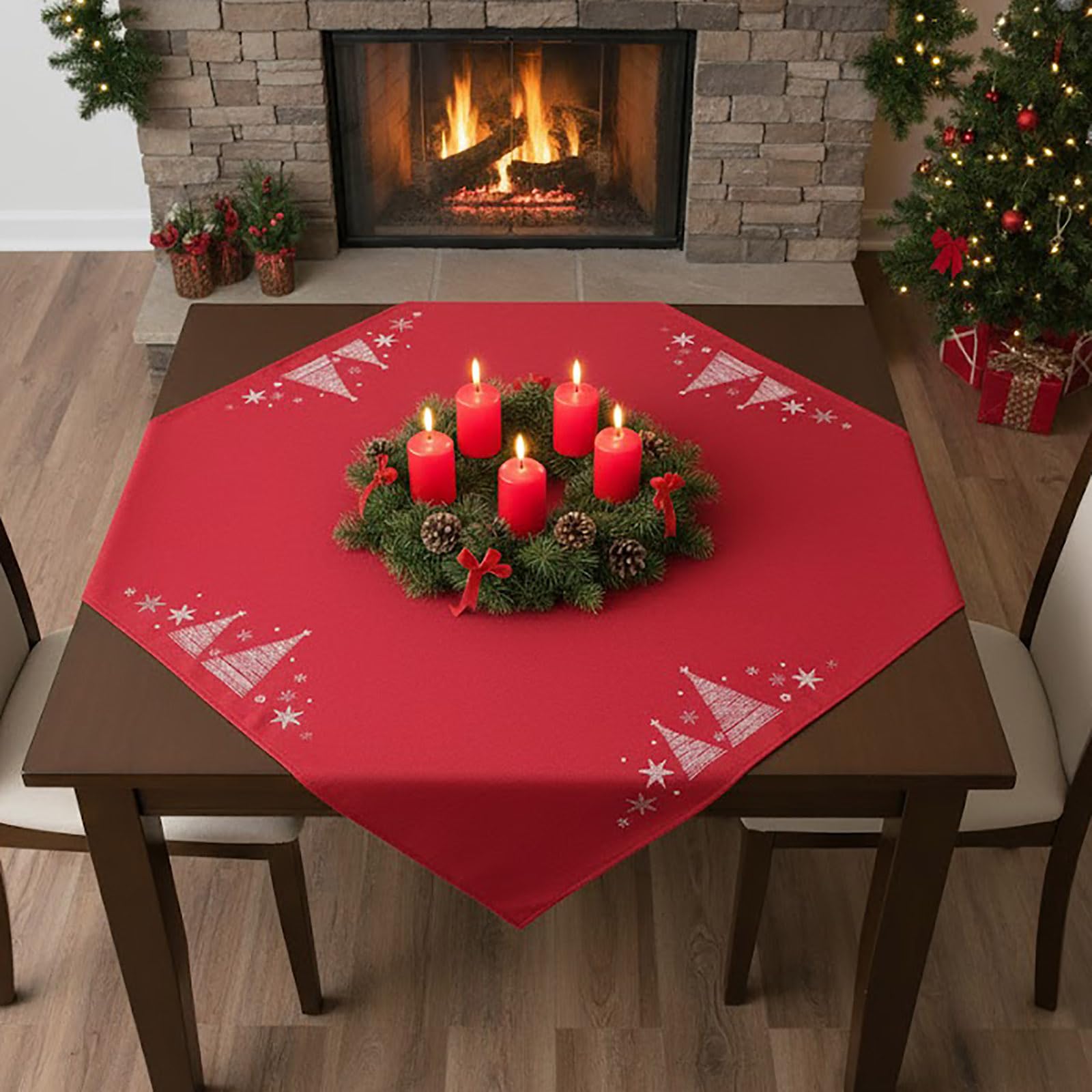 KAMACA Tablecloth 85 x 85 cm with Filigree Embroidery Kitchen Dining Table Decoration Eyecatcher in Autumn Winter Christmas (Fir Trees Red)