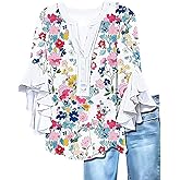 DATAMOUNT Women Blouses Boho Floral Print with 3/4 Ruffle Sleeves Wrinkle Free Tunic for Summer Beach Vacations