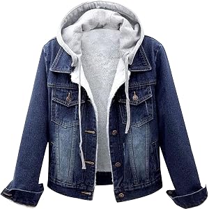 Jean Jacket Women Fall Winter Casual Detachable Hoodie Sherpa Fur Fleece Lined Denim Trucker Coat