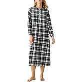 Latuza Women's Cotton Plaid Flannel Nightgown Long Sleeves Pleated Gown with Pockets